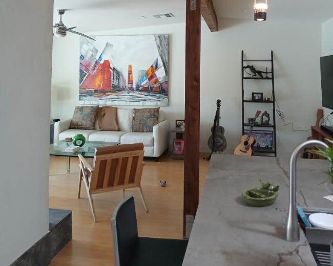 The image shows a modern living space featuring a couch, a large abstract painting, and a kitchen island with a sink and plants.