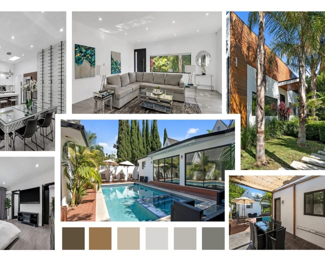 The image showcases a modern residential property featuring various rooms, a swimming pool, and landscaped outdoor areas.