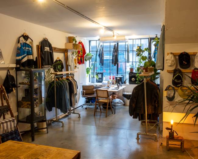 The image shows a small retail space with clothing racks, a desk, and various apparel displayed on the walls.