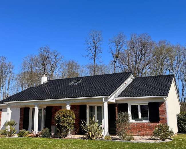 A single-story house with a black roof and brick facade is set against a clear blue sky and surrounded by trees.
