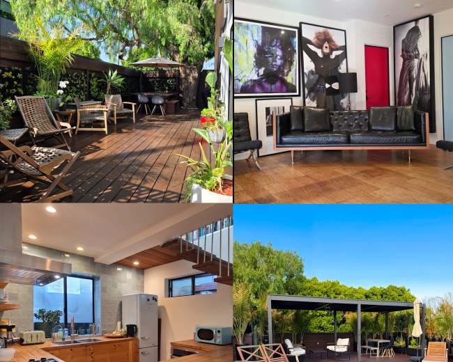 The image showcases a modern home featuring an outdoor deck with lounge chairs, a stylish living room with artwork and leather furniture, a contemporary kitchen with wooden cabinetry, and a sunlit patio area.