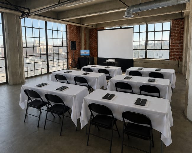 The image shows a spacious conference room set up with several rows of tables covered in white tablecloths and black chairs, featuring a projector screen and windows overlooking a cityscape.