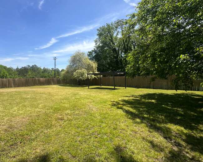 The image shows a grassy yard with a wooden structure and trees, under a blue sky with a few clouds.