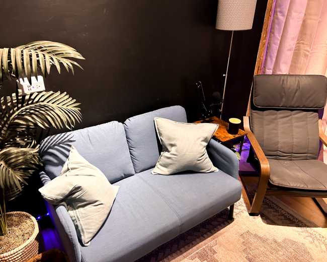 The image shows a cozy corner with a blue sofa adorned with two pillows, a chair with a wooden frame, a potted plant, and a lamp against a dark wall.