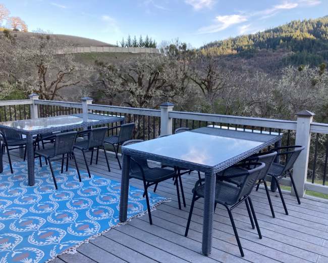 A wooden deck features two rectangular tables surrounded by black chairs and a blue patterned rug, overlooking a scenic landscape.