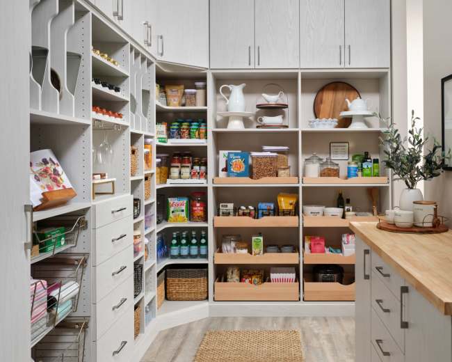The image shows a neatly organized pantry with shelves filled with various food items, containers, and decorative accessories, alongside a woven rug on the floor.