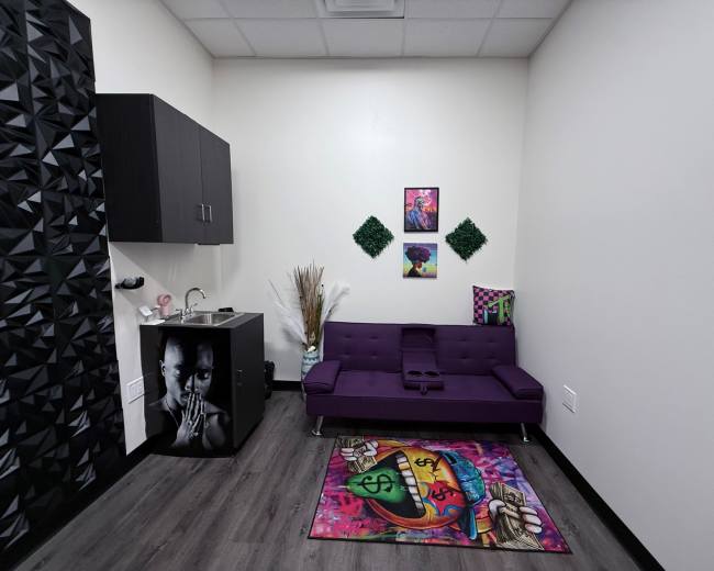 The image shows a small, modern room featuring a purple couch, a dark cabinet, two pieces of artwork on the wall, and a decorative rug.