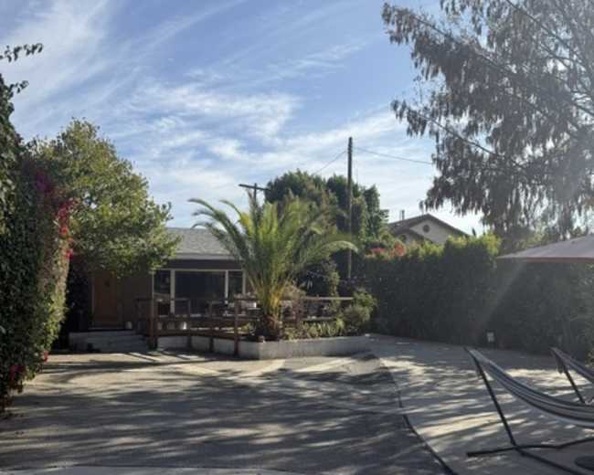 A paved driveway leads to a wooden deck surrounded by plants and trees, with a house visible in the background.