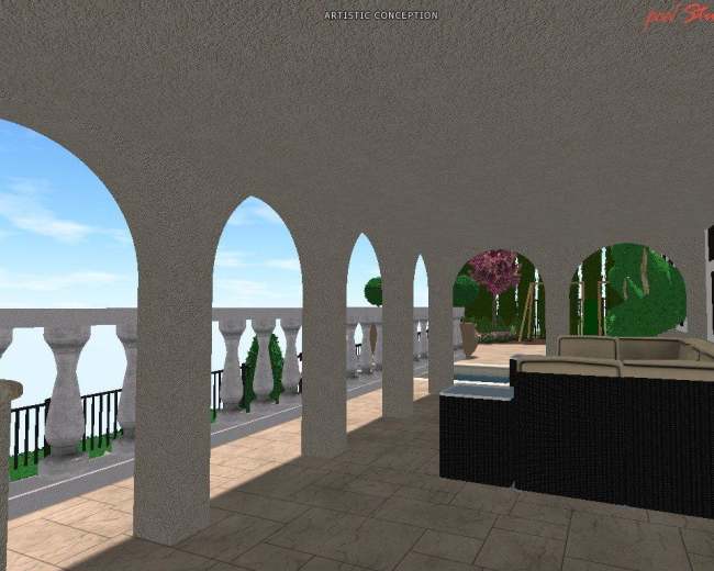 The image depicts a spacious terrace with archways, a stone floor, and a seating area, overlooking a garden with trees and plants.