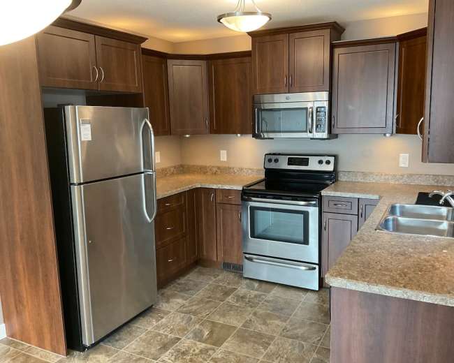 The image shows a modern kitchen with dark wooden cabinets, stainless steel appliances, and a countertop made of a light-colored material.