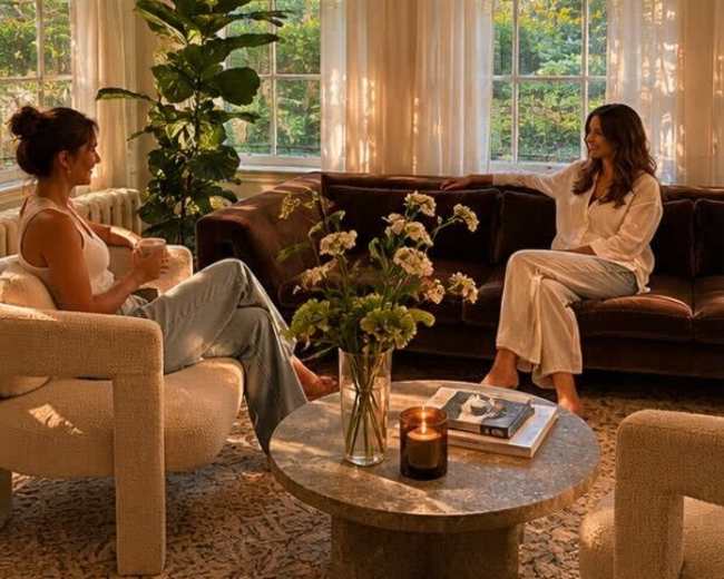 Two women are seated in a cozy living room, engaged in conversation, surrounded by large windows and indoor plants, with a coffee table displaying a candle and a book.
