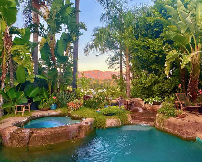 The image shows a landscaped backyard featuring a pool, a hot tub, lush green plants, and a view of distant mountains.