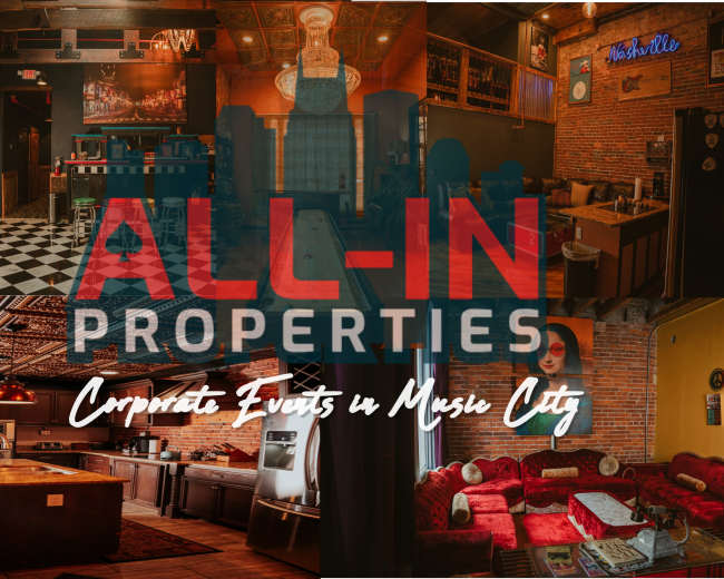 The image showcases an interior collage of a venue featuring a stylish kitchen, a lively bar area, and vibrant decor, all set against a backdrop of Nashville's skyline.
