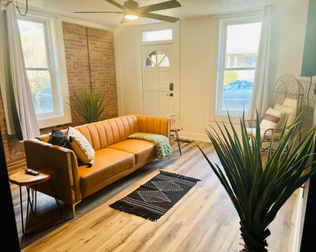 The image shows a bright living room featuring a brown leather sofa, a patterned rug, large windows, and potted plants.