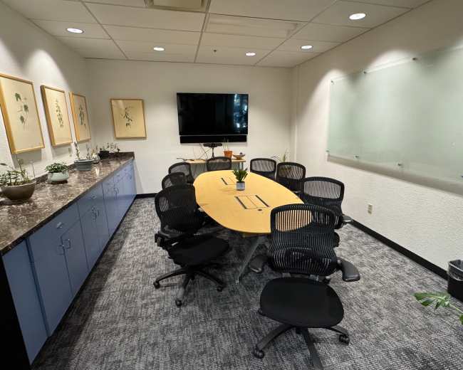 The image shows a conference room with a large oval table surrounded by black office chairs, a television mounted on the wall, and light-colored cabinets along one side.
