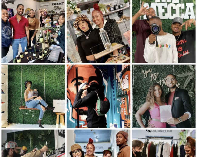 The collage features a group of people engaging in various activities at a retail space, showcasing products, interacting, and posing for photos.