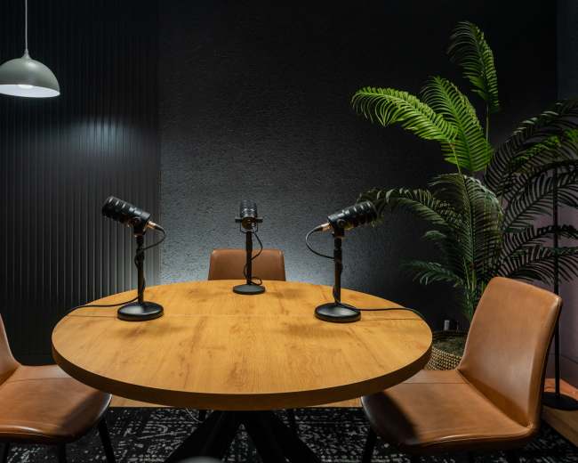 A round wooden table with three microphones is set up in a dimly lit room featuring two leather chairs and a large potted plant.