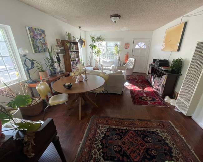 The room features a cozy living space with a round wooden table, a couch, bookshelves, and various plants, all set on a wooden floor with a decorative rug.