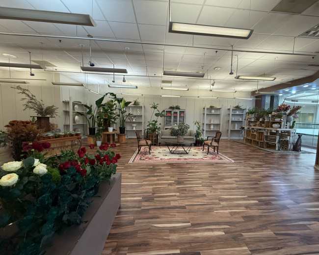 The image shows a spacious interior with wooden flooring, featuring a seating area with two chairs, a small table, plants, and decorative shelving units along the walls.