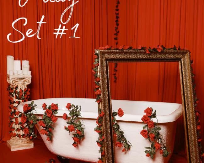 The scene features a vintage white bathtub surrounded by red drapery, adorned with roses and framed by an ornate picture frame.