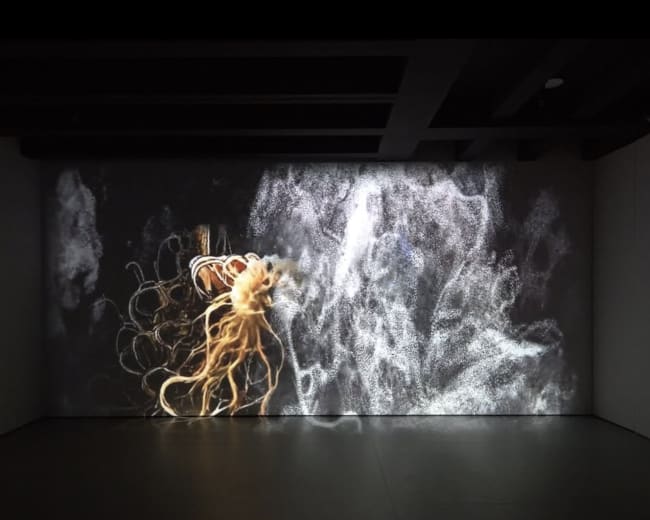 An abstract projection of swirling smoke and organic shapes is displayed on a large wall in a dimly lit room.