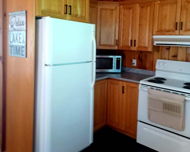 The image shows a kitchen with wooden cabinetry, a white refrigerator, a microwave, and a stove against a paneled wall.