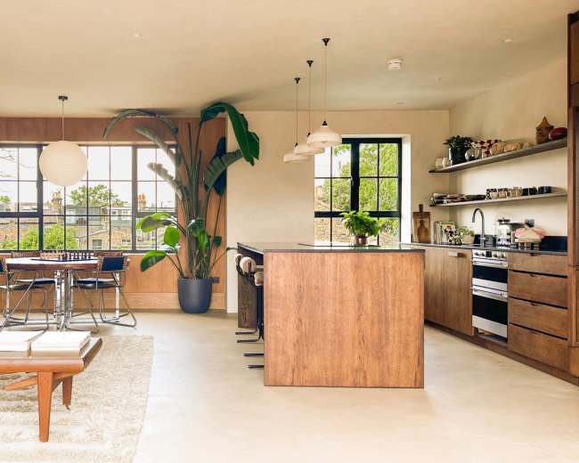 The image shows a modern kitchen and living area with wooden finishes, a large window, and a central island, complemented by a plant and minimal furniture.