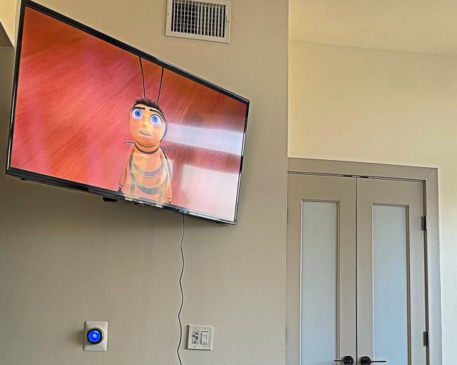 A television displaying an animated character is mounted on a wall above a brown ottoman, beside a set of double doors.