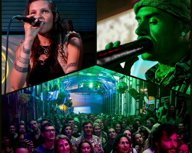 A vibrant music event with a singer performing on stage, a rapper using a microphone, and an audience enjoying the performance in a colorful venue.
