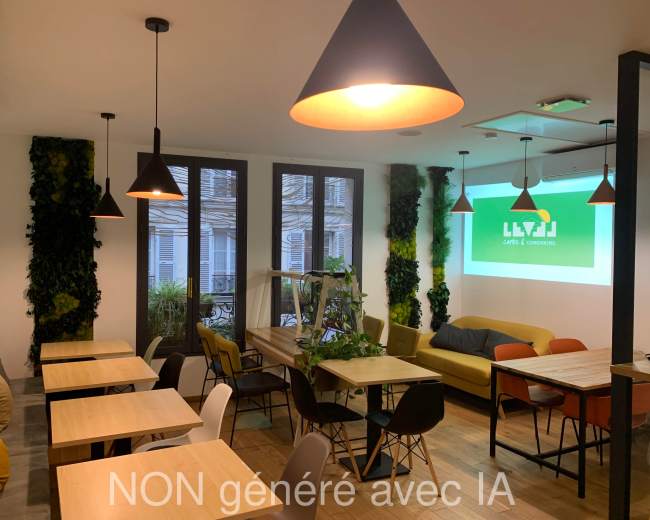 The image shows a cozy café with wooden tables, modern pendant lights, and greenery on the walls, featuring a large screen displaying the café's name.