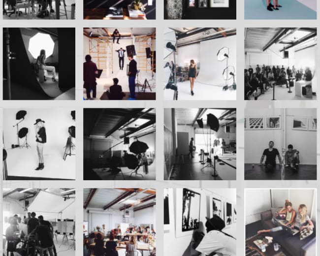 The image showcases a collage of various photography studio setups, including models posing, photographers at work, and equipment arranged for shoots.