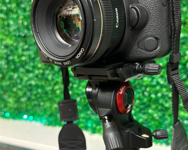 A Canon EOS 6D Mark II camera is mounted on a tripod in front of a green backdrop.