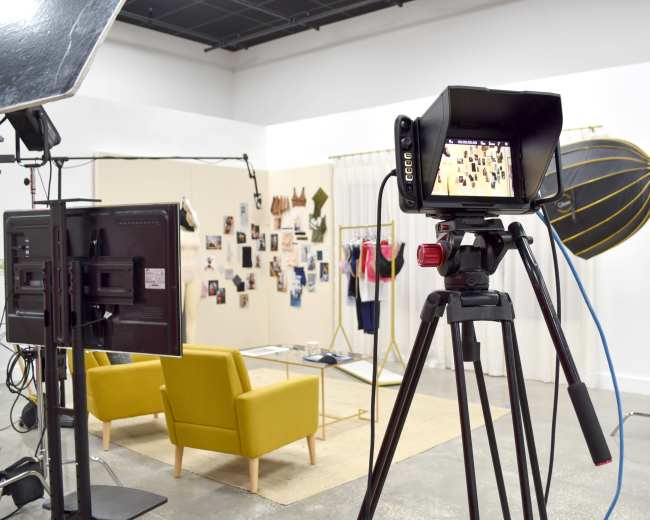 A video production setup features a camera on a tripod aimed at a small, brightly colored seating area with various props and photo displays in the background.