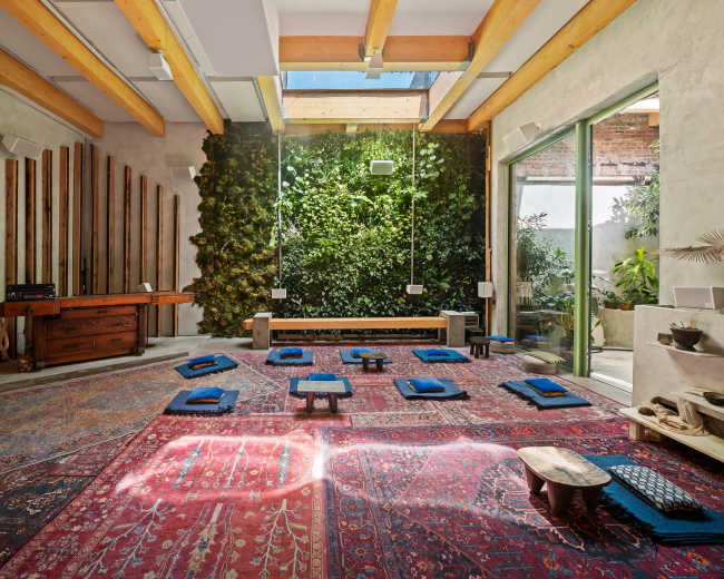 The room features a large area rug, low seating arrangements, and a vertical garden, with natural light streaming through a skylight and large glass doors.