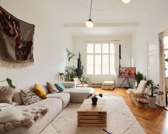 The image shows a bright, minimalistic living room with a large sofa, a wooden coffee table, and several indoor plants.