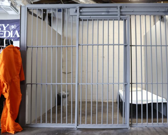 The image shows a jail cell with metal bars, a single bed inside, and an orange jumpsuit hanging on the side.