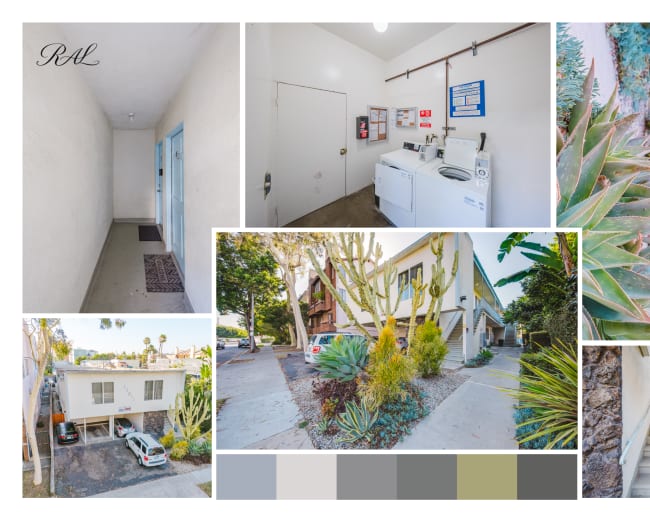 The image showcases a collage of a residential building and its surroundings, featuring an entrance hallway, laundry room with machines, a landscaped courtyard, and various plants along pathways.