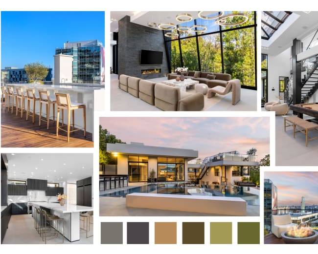 The collage features various luxurious interior and exterior views of modern residences, showcasing a blend of contemporary design elements, spacious layouts, and outdoor amenities.