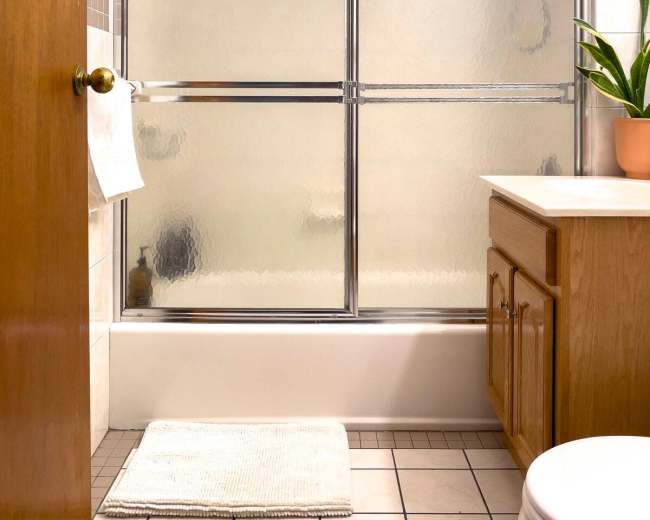 The image shows a bathroom with a shower enclosed by glass doors, a wooden cabinet, a toilet, and a potted plant on the countertop.