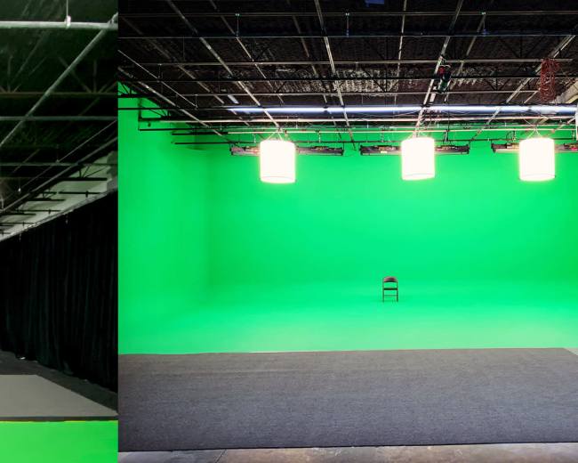 Two contrasting studio setups: on the left, a partially green and partially black space with overhead lighting; on the right, a fully green screen environment with a single chair in the center.