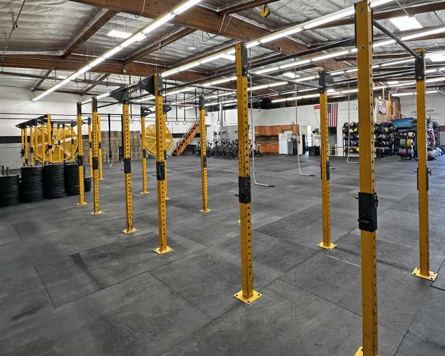 The image shows a spacious gym with yellow workout equipment, black weightlifting plates, and a smooth floor, featuring various exercise stations in a well-lit environment.