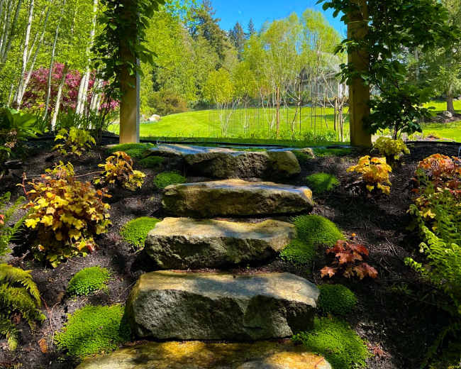 A gravel path leads upward through a garden arch adorned with climbing plants, framed by lush greenery and vibrant flowers.