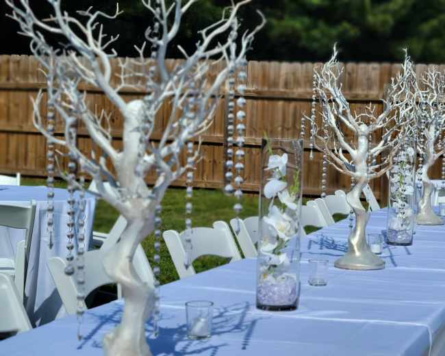 A table set for an outdoor event features white trees and decorative elements under a clear sky.