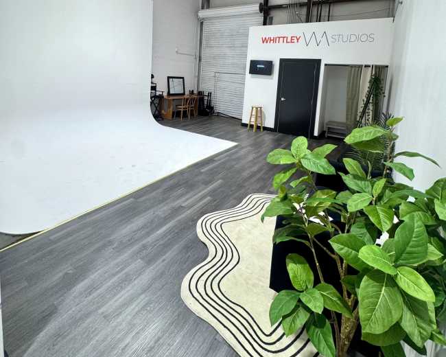 The image shows a spacious photography studio featuring a large white backdrop, a seating area with wooden furniture, and a decorative plant beside a patterned rug.