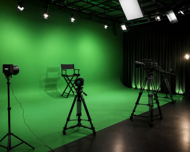 The image shows a green screen studio setup with lighting equipment and tripods for cameras arranged around an empty director's chair.