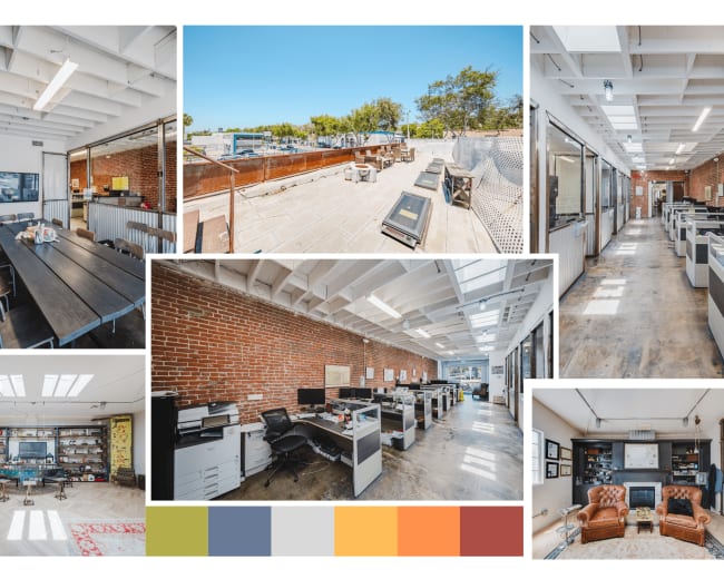 The image collage showcases a modern office space with a mix of open areas, private offices, and shared meeting rooms featuring brick walls and large windows.