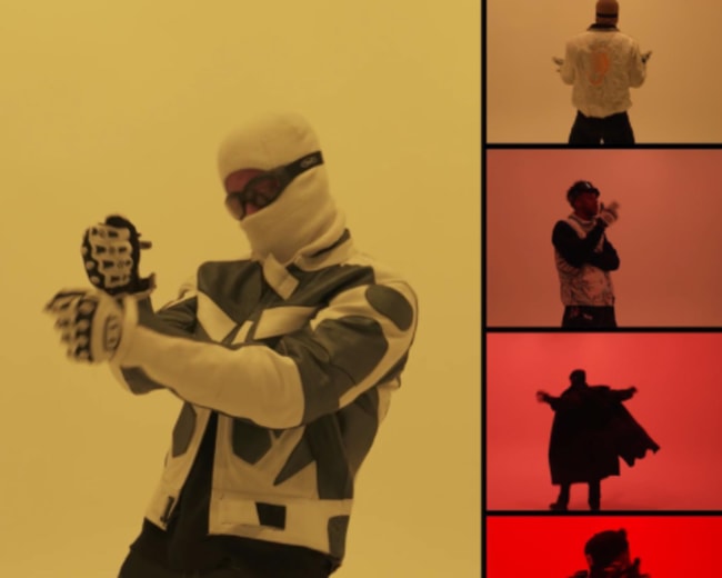 A figure dressed in a stylish outfit poses against a yellow background, while smaller images show different poses with varying colored backdrops.