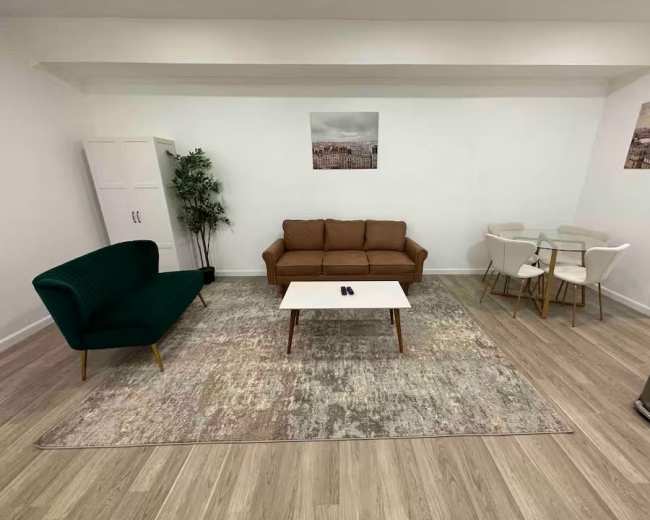 The image shows a minimalist living space featuring a green upholstered sofa, a brown couch, a glass dining table with white chairs, and a patterned area rug.