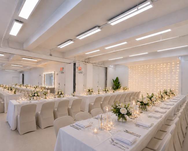 The image shows a large, elegantly set dining area with long tables decorated with flowers and candles, all under bright lighting.