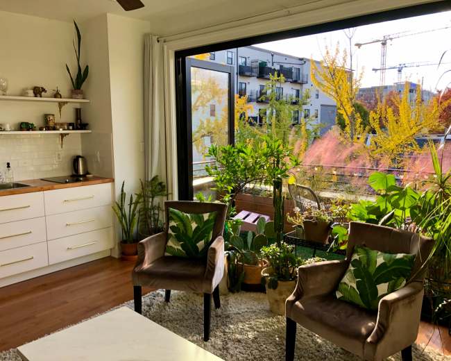 A bright living space features a kitchenette and two chairs overlooking a balcony filled with various plants.
